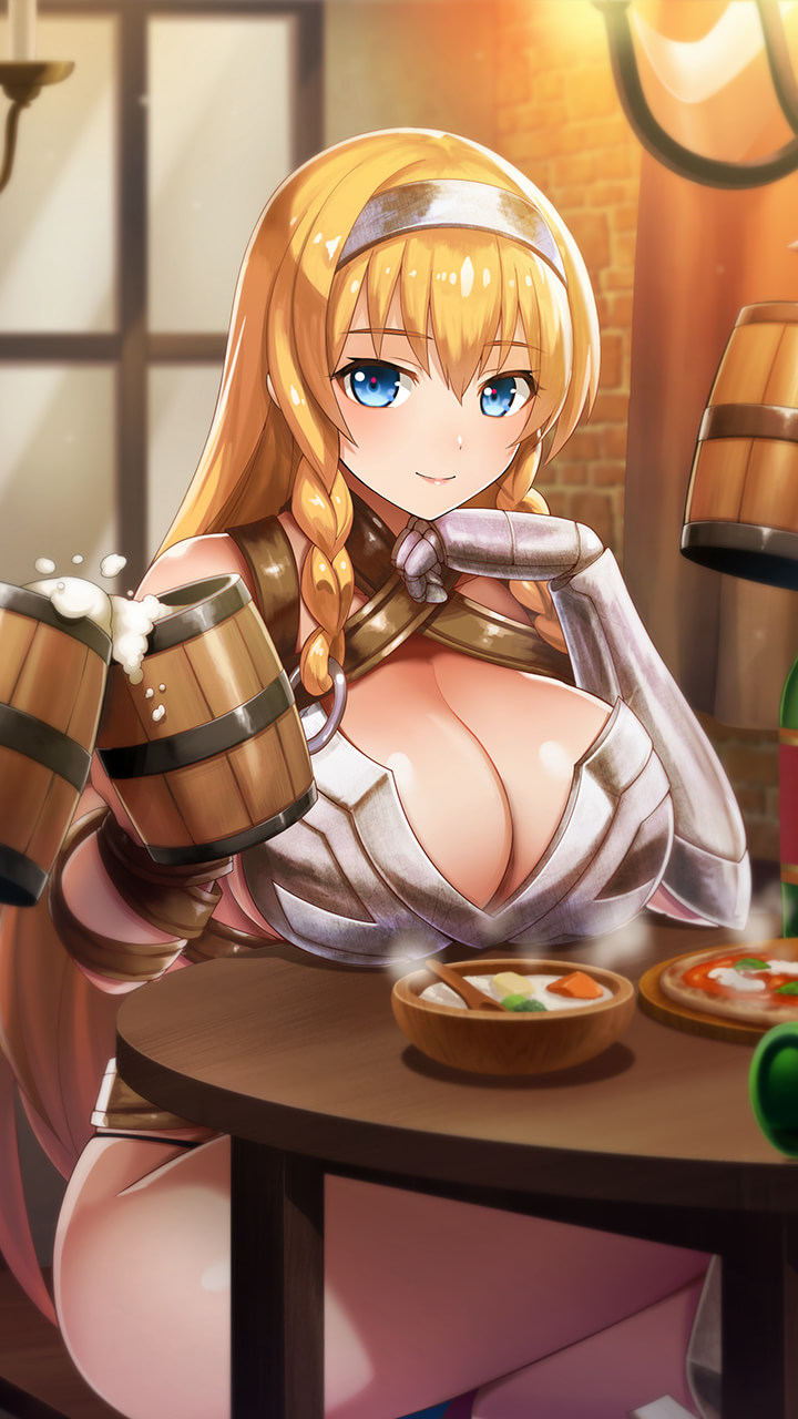 1girl alcohol armor armored_boots bangs beer beer_mug bikini_armor blonde_hair blue_eyes boots bowl braid breast_rest breasts chin_rest cleavage closed_mouth crossed_legs food gauntlets hairband highres holding indoors large_breasts leina long_hair looking_at_viewer official_art on_chair pelvic_curtain queen's_blade queen's_blade_unlimited queen's_blade_white_triangle side_braid sitting smile soup table tavern twin_braids window