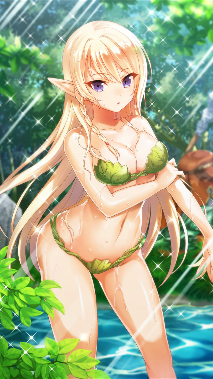 1girl alleyne_(queen's_blade) bangs bare_arms bare_shoulders bathing bikini blonde_hair blue_eyes blue_sky braid breasts cleavage collarbone elf glint green_bikini highres large_breasts leaf_bikini long_hair looking_at_viewer navel official_art outdoors parted_lips pointy_ears queen's_blade queen's_blade_unlimited queen's_blade_white_triangle side-tie_bikini side_braid single_braid sky solo standing swimsuit thigh_gap thighs tree water wet