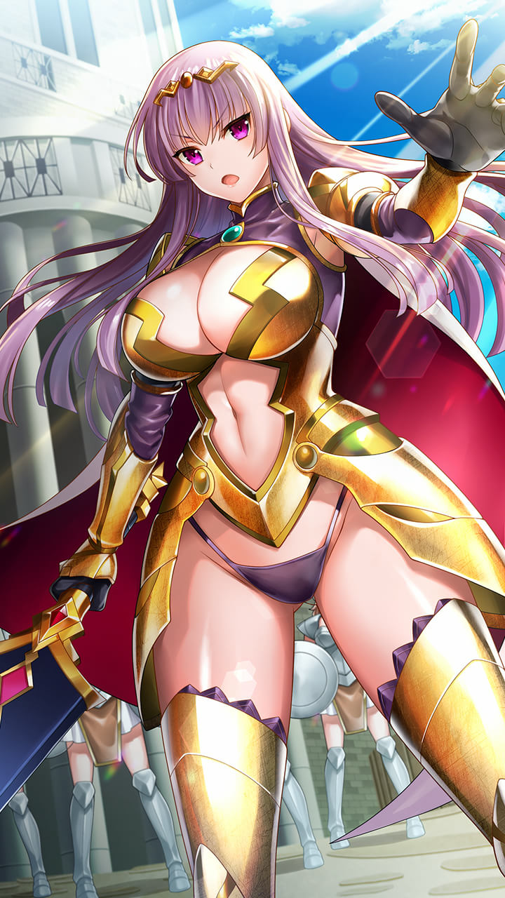 1girl armor armored_boots ass_visible_through_thighs bangs bikini_armor black_gloves blunt_ends boots breastplate breasts cape center_opening circlet claudette_(queen's_blade) cleavage_cutout curvy elbow_gloves eyebrows_visible_through_hair faulds floating_hair g-string gem gloves gold_armor groin hair_between_eyes halterneck highleg highleg_panties highres holding holding_sword holding_weapon huge_weapon large_breasts long_hair navel navel_cutout official_art open_mouth outdoors outline panties purple_eyes purple_hair purple_panties queen's_blade queen's_blade_unlimited queen's_blade_white_triangle red_cape shoulder_armor sidelocks solo spaulders standing straight_hair string_panties sword thighs thong turtleneck underwear v-shaped_eyebrows vambraces weapon white_cape wide_hips