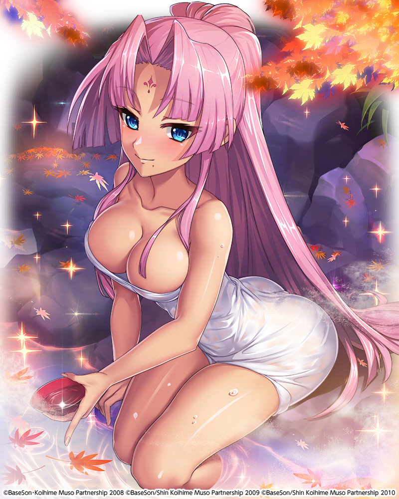 1girl alcohol ass autumn_leaves bare_shoulders blue_eyes breasts cleavage collarbone cup facial_mark forehead_mark hair_intakes hikage_eiji koihime_musou large_breasts leaf leaning_forward long_hair mole mole_under_mouth naked_towel official_art onsen pink_hair ponytail rock sakazuki sake sitting smile solo sonsaku sparkle thighs towel very_long_hair water white_towel