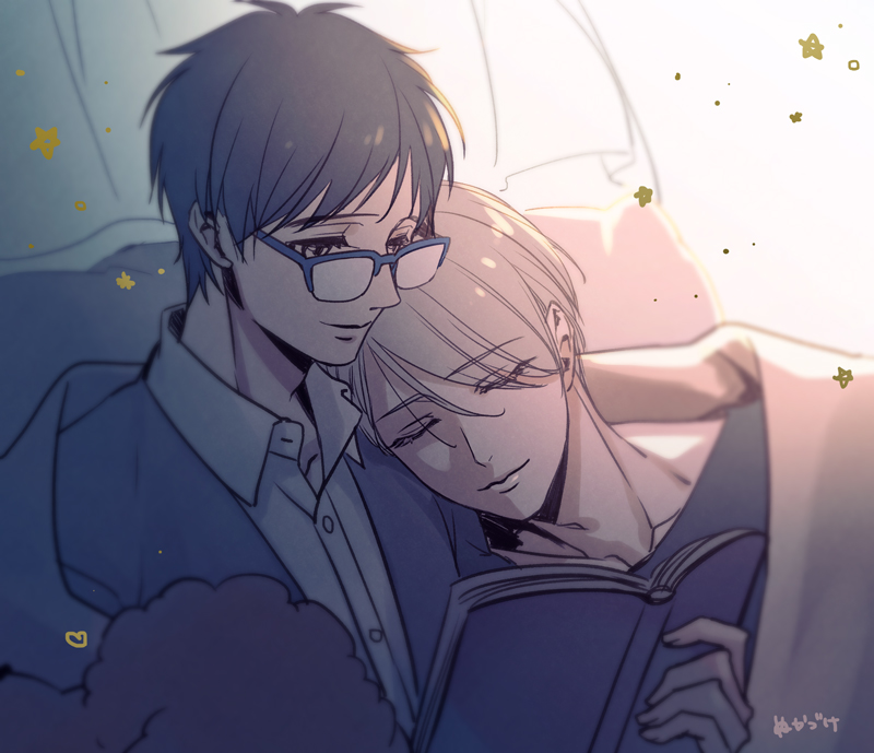 2boys animal backlighting black_hair blanket blue-framed_eyewear book buttons closed_eyes collared_shirt couple curtains day dog dress_shirt eyebrows_visible_through_hair eyelashes fingernails glasses happy head_on_another's_shoulder heart holding holding_book indoors katsuki_yuuri light_particles light_smile lips makkachin male_focus multiple_boys nu_kazuke open_book reading shared_blanket shirt sitting sleeping sleeping_on_person sleeping_upright smile sparkle sparkle_background star starry_background sunlight upper_body viktor_nikiforov white_hair white_shirt yaoi yuri!!!_on_ice