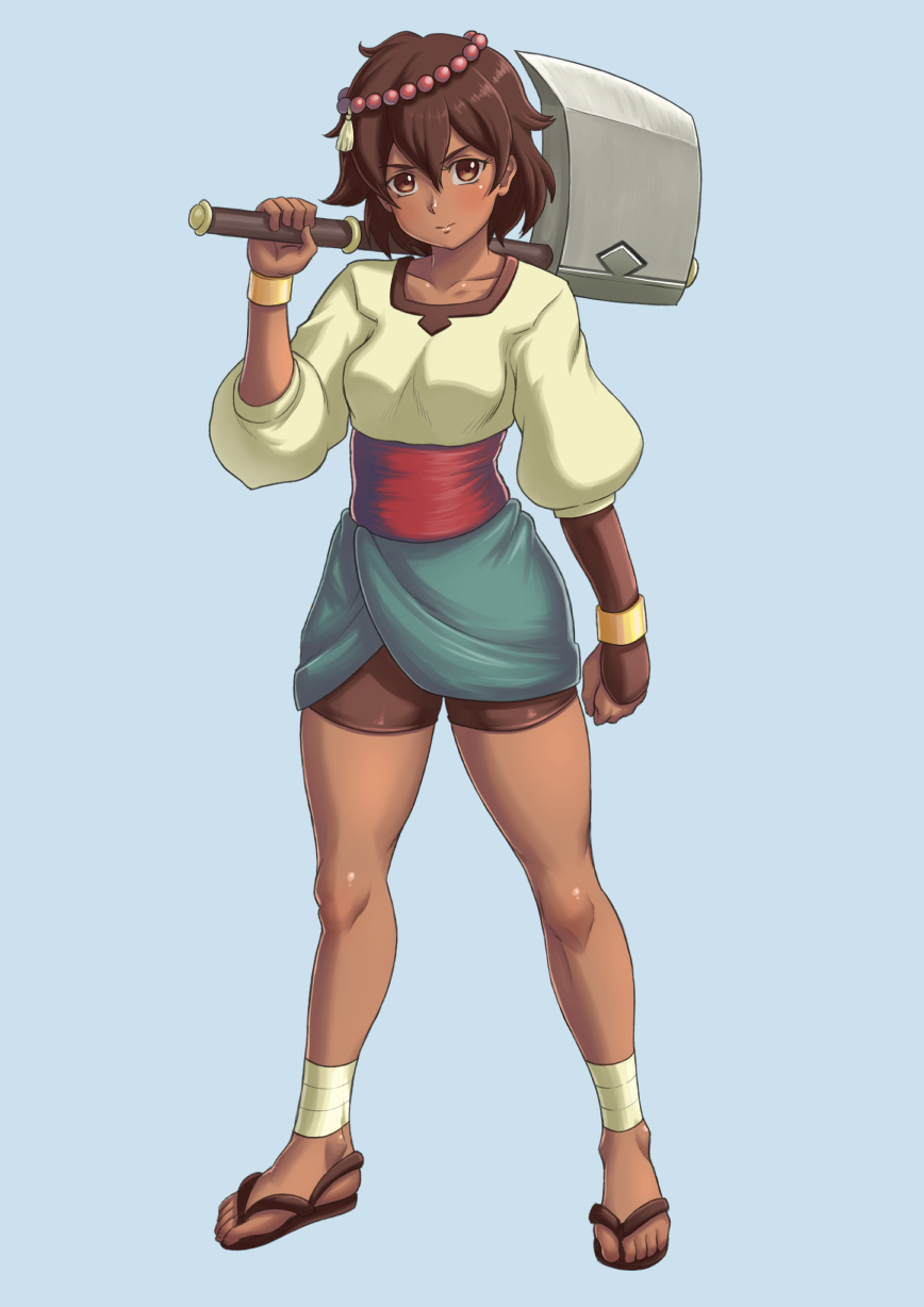ajna_(indivisible) ankle_wrap axe beads bike_shorts bracelet brown_eyes brown_hair dark_skin finalcake gloves highres indivisible jewelry sandals short_sleeves shorts single_glove