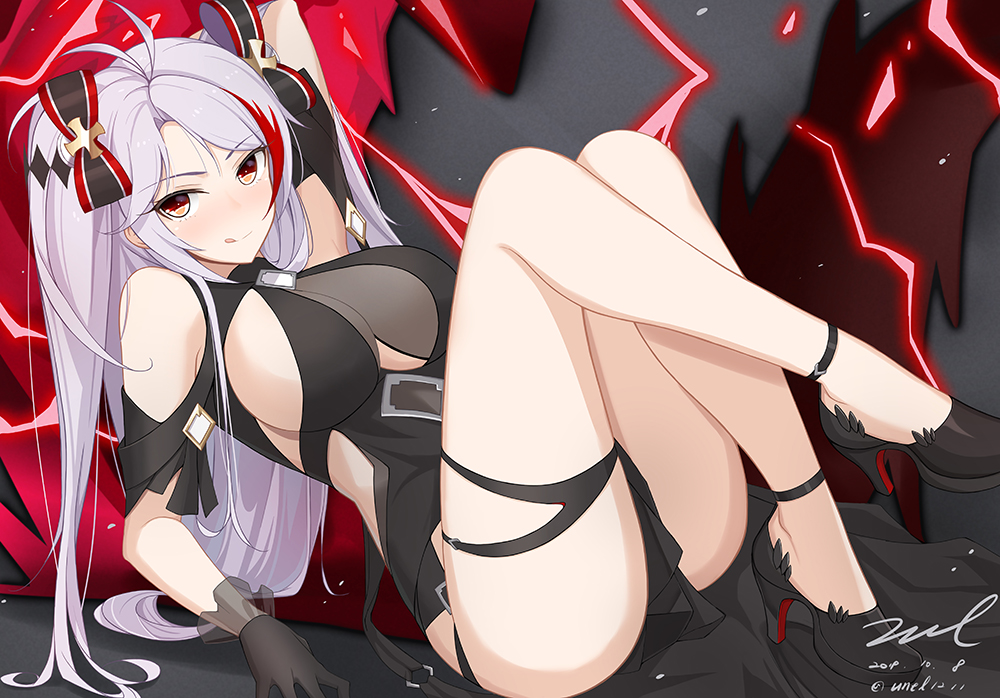 1girl :q antenna_hair arm_up ass azur_lane bare_legs black_bow black_dress black_footwear black_gloves bow breasts closed_mouth cross dated dress gloves hair_bow high_heels knees_up large_breasts lightning long_hair looking_at_viewer multicolored_hair no_mole prinz_eugen_(azur_lane) prinz_eugen_(cordial_cornflower)_(azur_lane) reclining red_eyes red_hair sidelocks signature smile solo streaked_hair tongue tongue_out twitter_username unel white_hair