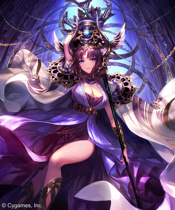1girl black_dress blue_eyes breasts brown_hair cleavage dress holding holding_staff horns irua large_breasts looking_at_viewer nephthys_(grandblue_fantasy) parted_lips shadowverse shiny shiny_skin short_hair side_slit solo staff