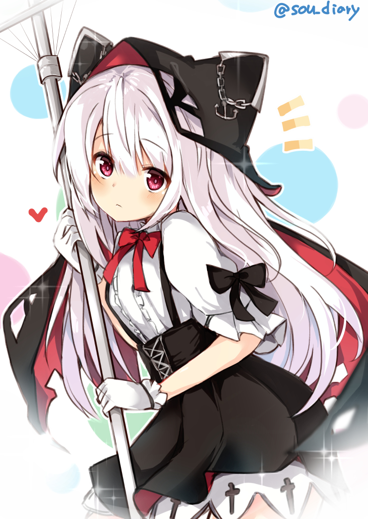 1girl azur_lane bangs black_bow black_skirt bow center_frills chain closed_mouth commentary_request erebus_(azur_lane) eyebrows_visible_through_hair frills gloves hair_between_eyes heart holding hood hood_up long_hair looking_at_viewer notice_lines pleated_skirt puffy_short_sleeves puffy_sleeves red_bow red_eyes shirt short_sleeves skirt solo sou_(soutennkouchi) suspender_skirt suspenders twitter_username very_long_hair white_gloves white_hair white_shirt