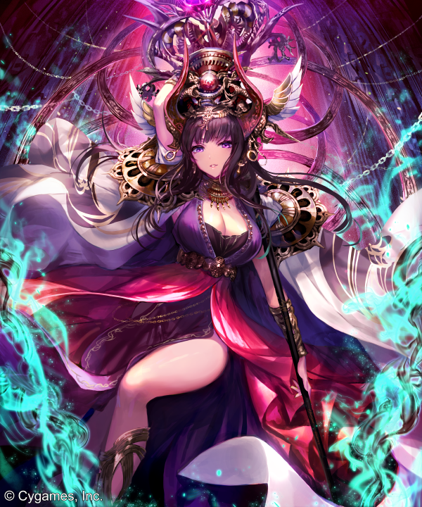 1girl breasts brown_hair chain cleavage dress floating_hair holding holding_staff horns irua large_breasts long_hair looking_at_viewer nephthys_(grandblue_fantasy) parted_lips purple_dress purple_eyes shadowverse shiny shiny_skin side_slit solo staff