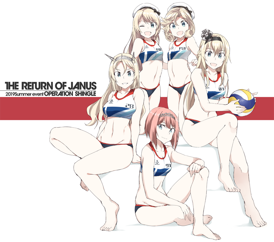 5girls anchor anchor_symbol ark_royal_(kantai_collection) ball bangs barefoot beach_volleyball bikini blonde_hair blue_eyes bob_cut breasts clothes_writing commentary_request crown english_text hat headgear holding innertube janus_(kantai_collection) jervis_(kantai_collection) kantai_collection long_hair mini_crown multiple_girls navel nelson_(kantai_collection) one_eye_closed open_mouth red_hair short_hair simple_background sitting souji sports_bikini sportswear swimsuit tiara volleyball warspite_(kantai_collection) white_background white_headwear