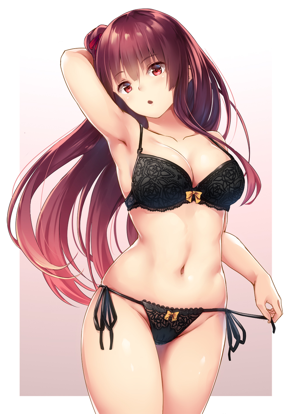 1girl :o arm_behind_head armpits bangs bare_shoulders bit_(keikou_syrup) black_bra black_panties blush bow bow_bra bow_panties bra breasts cleavage collarbone cowboy_shot eyebrows_visible_through_hair girls_frontline groin hair_ribbon half_updo highres lace lace-trimmed_bra lace_panties large_breasts long_hair looking_at_viewer navel one_side_up open_mouth outside_border panties purple_hair red_eyes red_ribbon ribbon side-tie_panties sidelocks simple_background skindentation solo stomach underwear very_long_hair wa2000_(girls_frontline)