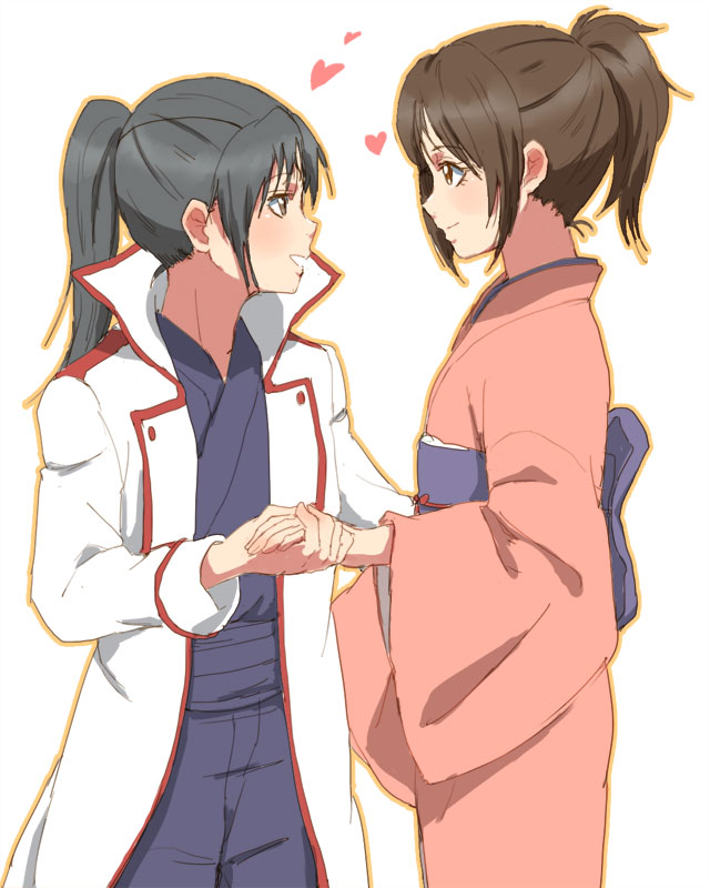 2girls azuma_yukihiko black_hair blush brown_eyes brown_hair eyepatch gintama heart high_ponytail holding_hands japanese_clothes kimono long_hair long_sleeves looking_at_another multiple_girls ponytail shimura_tae simple_background smile white_background yagyuu_kyuubei yuri