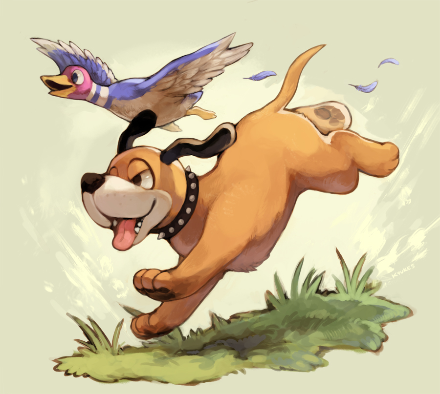 aika_tsuji bird black_eyes collar dog dog_(duck_hunt) duck_(duck_hunt) duck_hunt feathers grass no_humans open_mouth outdoors running simple_background spiked_collar spikes super_smash_bros. tongue tongue_out