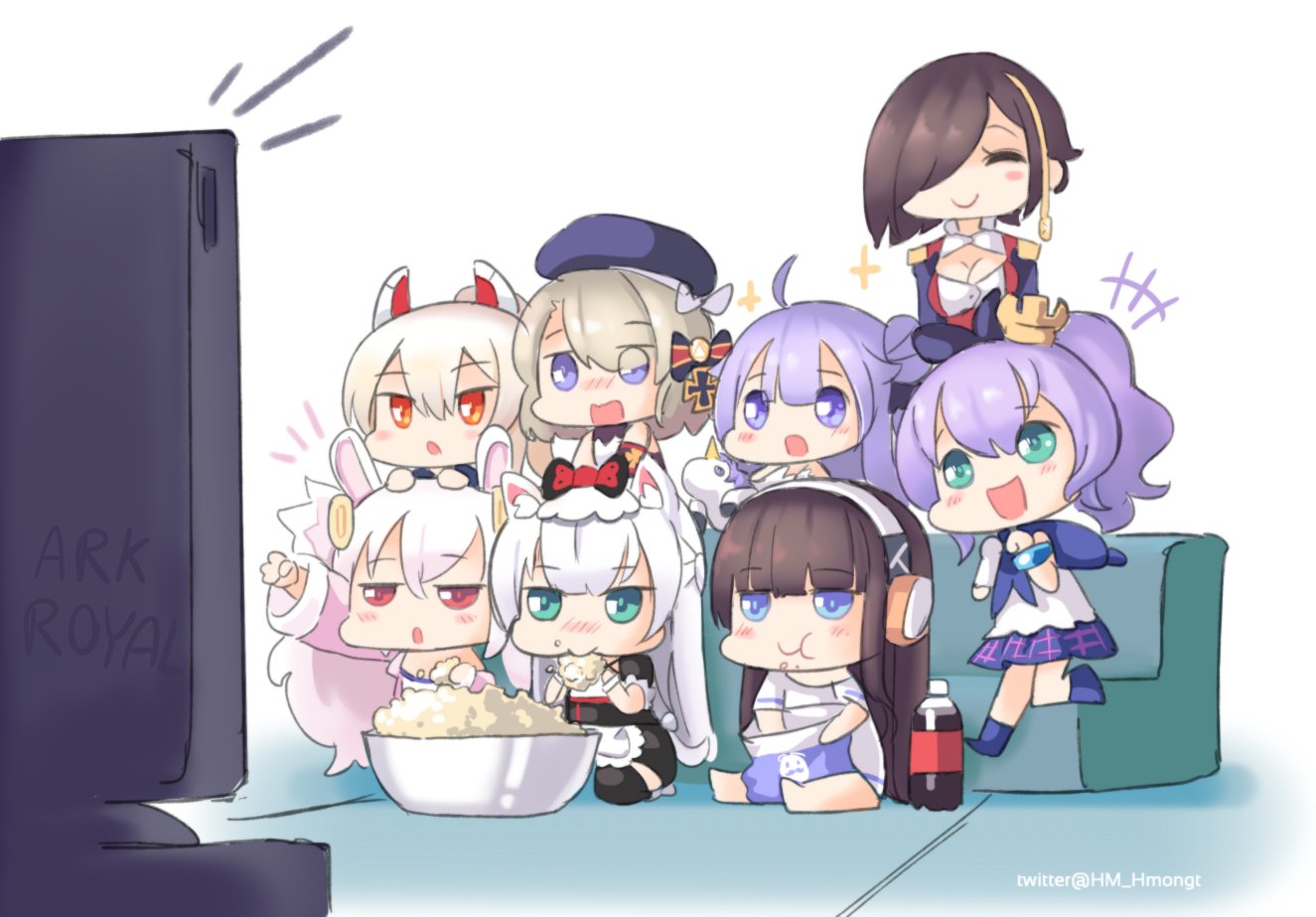 6+girls :d ahoge alicorn animal_ears ark_royal_(azur_lane) ayanami_(azur_lane) azur_lane black_hair blue_eyes breasts cat_ears chibi cleavage cola couch eating food hair_bun hairband hammann_(azur_lane) headgear headphones javelin_(azur_lane) laffey_(azur_lane) long_hair long_island_(azur_lane) multiple_girls one_side_up open_mouth orange_eyes phandit_thirathon pleated_skirt ponytail popcorn purple_eyes purple_hair red_eyes school_uniform serafuku short_hair side_bun silver_hair sitting skirt smile soda_bottle television twintails unicorn_(azur_lane) watching_television white_hair z23_(azur_lane)