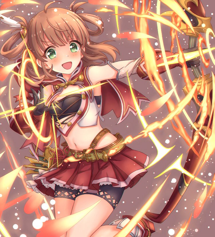1girl belt blush bow brown_hair capelet detached_sleeves fire gatchapowa gloves glowing green_eyes hair_ornament hair_rings inosaki_rino looking_at_viewer medium_hair midriff navel open_mouth princess_connect! princess_connect!_re:dive shorts shorts_under_skirt simple_background solo