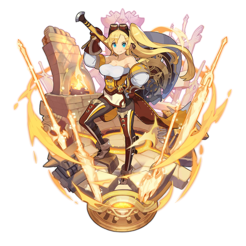 1girl aviator_sunglasses axe blonde_hair blue_eyes burning dragalia_lost fire flame forge full_body goggles greatsword hand_on_hip holding lance looking_at_viewer non-web_source official_art polearm ramona_(dragalia_lost) saitou_naoki smile solo sunglasses sword transparent_background weapon wood