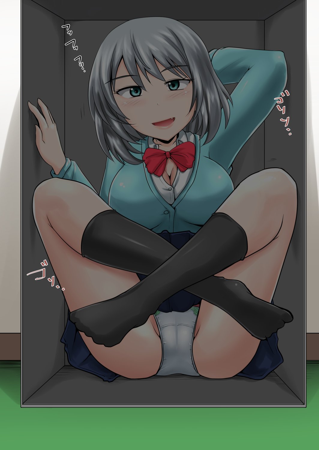 1girl arm_behind_head bangs black_legwear blue_eyes blue_sweater blush bow bowtie box breasts cameltoe cardboard_box cardigan cleavage commentary crotch_seam dress_shirt eyebrows_visible_through_hair fang grey_hair grey_panties highres homare_(suzu_no_oka) indian_style indoors legs legs_up looking_at_viewer medium_breasts motion_lines no_shoes open_mouth panties red_neckwear shirt sitting smile socks solo sweater tejina_senpai tejina_senpai_(character) underwear white_shirt