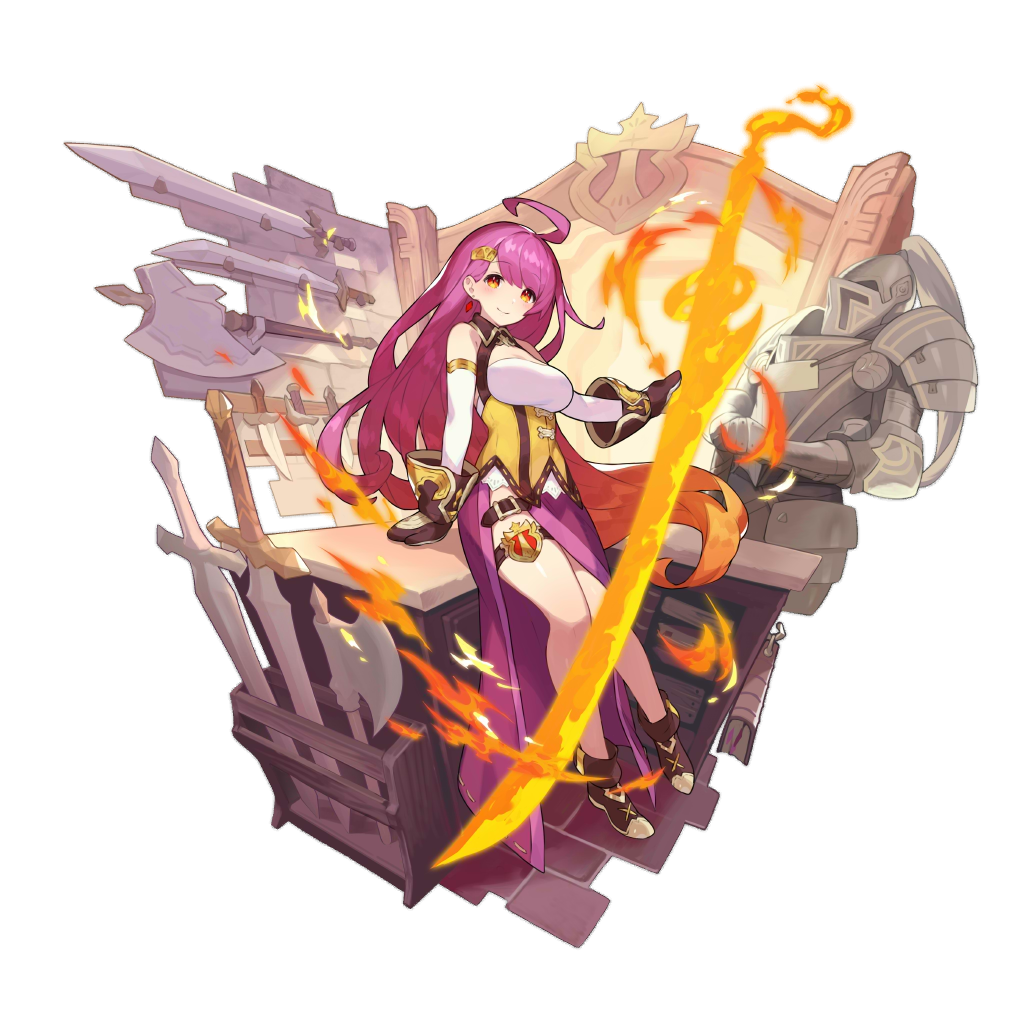 1girl ahoge armor axe belt breasts cleavage_cutout dragalia_lost fire flame forge full_body garters gloves holding katana large_breasts long_hair looking_at_viewer non-web_source official_art purple_hair red_eyes rena_(dragalia_lost) saitou_naoki sitting smile solo sword transparent_background weapon