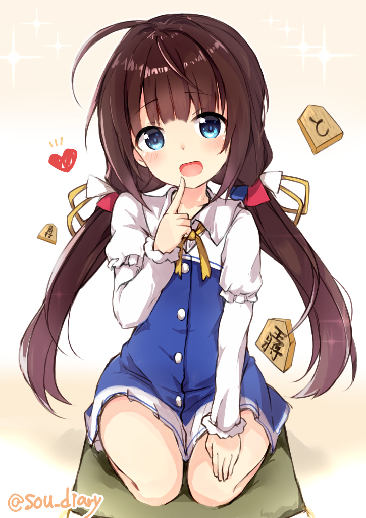 1girl :d ahoge bangs blue_dress blue_eyes blush brown_hair collarbone collared_dress commentary_request cushion dress eyebrows_visible_through_hair hand_up head_tilt heart hinatsuru_ai index_finger_raised long_hair long_sleeves looking_at_viewer low_twintails open_mouth puffy_short_sleeves puffy_sleeves ryuuou_no_oshigoto! school_uniform seiza short_over_long_sleeves short_sleeves shougi_piece sitting smile solo sou_(soutennkouchi) sparkle_background twintails twitter_username very_long_hair zabuton