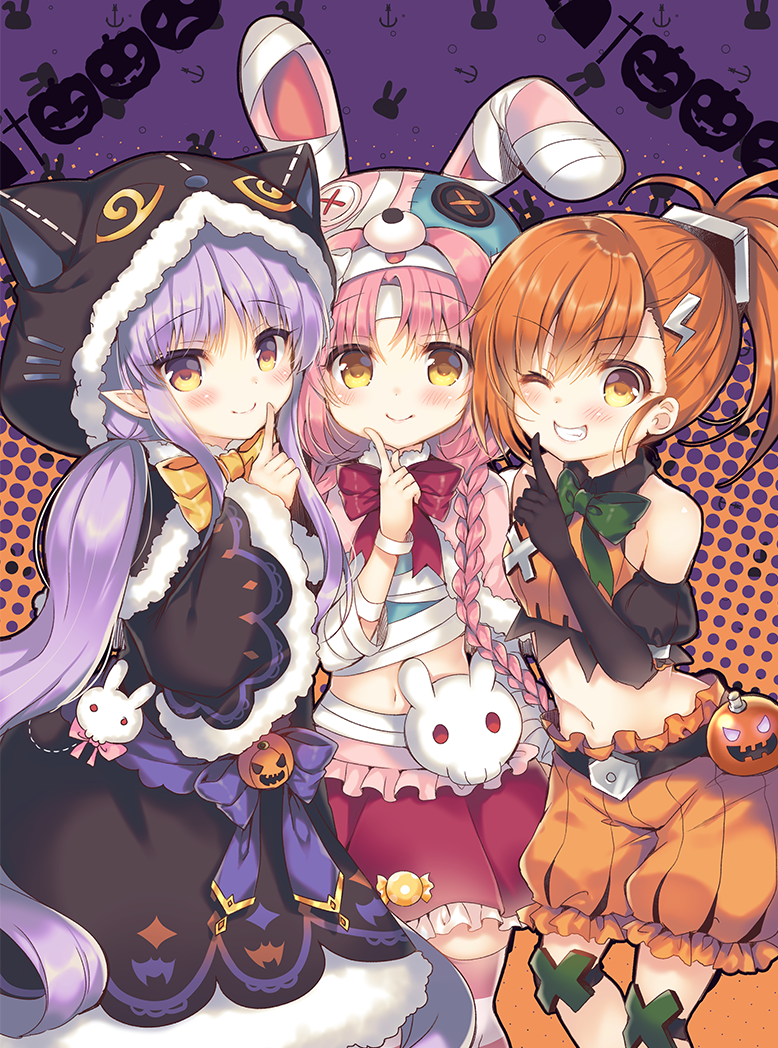 3girls akane_mimi animal_ears animal_hat animal_hood bandaged_arm bandages bangs bare_shoulders black_gloves black_skirt black_sleeves blush bow brown_eyes brown_hair bunny_ears bunny_hat capelet cat_ears cat_hood closed_mouth commentary_request detached_sleeves elbow_gloves eyebrows_visible_through_hair fake_animal_ears frilled_shorts frilled_skirt frills fur-trimmed_capelet fur-trimmed_skirt fur-trimmed_sleeves fur_trim gloves grin hair_ornament halftone halftone_background hat hikawa_kyoka hodaka_misogi hood index_finger_raised jack-o'-lantern lightning_bolt lightning_bolt_hair_ornament long_hair long_sleeves low_twintails midriff multiple_girls navel one_eye_closed orange_shirt orange_shorts pink_hair pleated_skirt pointy_ears ponytail princess_connect! princess_connect!_re:dive puffy_short_sleeves puffy_shorts puffy_sleeves purple_bow purple_hair red_skirt shirt short_sleeves shorts sidelocks skirt sleeveless sleeveless_shirt sleeves_past_wrists smile suzunone_rena twintails twitter_username very_long_hair wide_sleeves yellow_bow