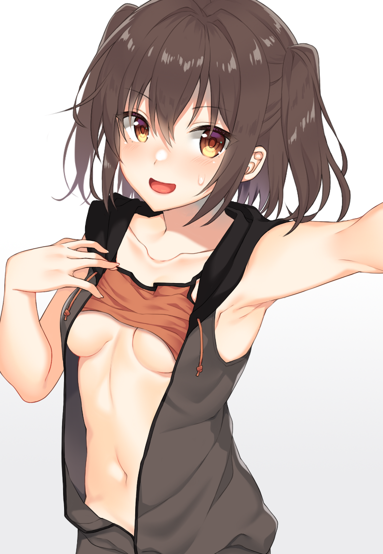 1girl armpits bangs blush breasts brown_eyes brown_hair collarbone commentary_request eyebrows_visible_through_hair hood hood_down hooded_vest kantai_collection long_hair medium_breasts open_clothes open_mouth open_vest self_shot sendai_(kantai_collection) simple_background sleeveless solo sports_bra sweat two_side_up underboob upper_body vest white_background yuzuttan