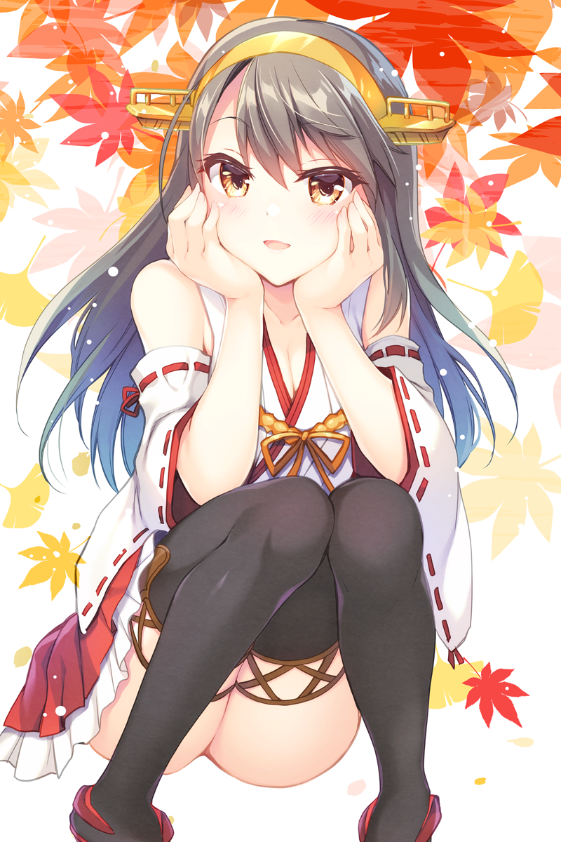 1girl ass autumn_leaves bare_shoulders black_legwear blush breasts brown_eyes cleavage collarbone detached_sleeves ginkgo_leaf grey_hair gunp hands_on_own_cheeks hands_on_own_face haruna_(kantai_collection) headgear highres kantai_collection leaf long_hair looking_at_viewer maple_leaf medium_breasts miniskirt nontraditional_miko parted_lips pleated_skirt red_skirt remodel_(kantai_collection) skirt smile solo squatting thighhighs
