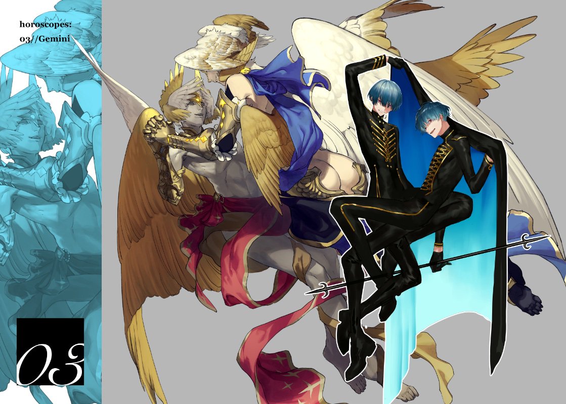 1girl 3boys angel_wings arm_up armor ass black_gloves blue_hair gauntlets gemini gloves glowing gradient gradient_hair holding holding_hands horoscope multicolored_hair multiple_boys namakawa open_mouth original red_eyes siblings smile twins wings