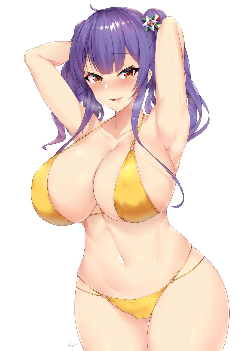 1girl ahoge armpits arms_behind_head arms_up artist_name ass_visible_through_thighs azur_lane bangs bikini blue_hair blush breasts breath cameltoe cleavage collarbone cowboy_shot curvy eyebrows_visible_through_hair feet_out_of_frame hair_ornament half-closed_eyes highleg highleg_bikini highres huge_breasts kuavera large_breasts lips long_hair looking_at_viewer multi-strapped_bikini_bottom navel o-ring o-ring_bikini o-ring_bottom o-ring_top open_mouth orange_eyes pola_(azur_lane) signature simple_background skindentation smile solo stomach string_bikini sweat swimsuit twintails white_background yellow_bikini
