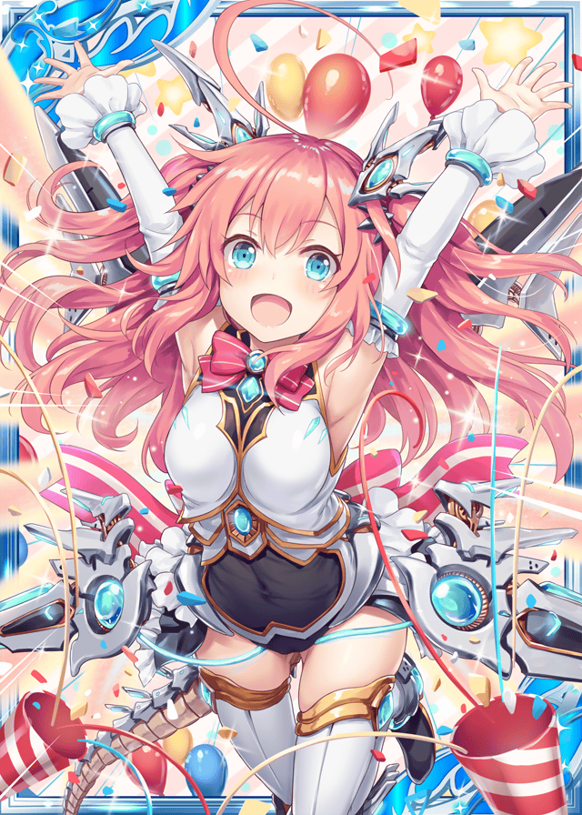 1girl akkijin armpits arms_up ass_visible_through_thighs balloon bare_shoulders blue_eyes bodysuit breasts card_(medium) confetti gauntlets hair_ornament mecha_musume medium_breasts official_art party party_horn pink_hair shinkai_no_valkyrie star thighhighs