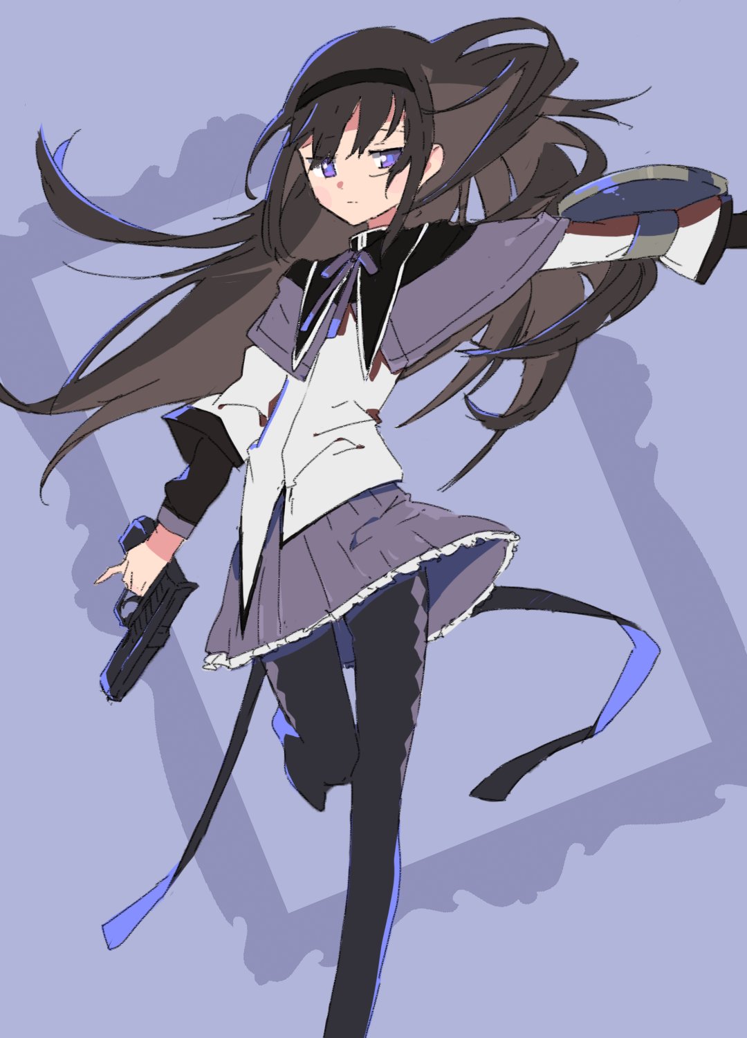 1girl :| akemi_homura argyle argyle_legwear arm_at_side black_hair black_hairband black_legwear capelet closed_mouth commentary_request expressionless floating_hair foot_out_of_frame frame frilled_skirt frills gun hairband half-closed_eyes handgun highres holding holding_gun holding_weapon long_hair long_sleeves looking_away mahou_shoujo_madoka_magica outstretched_arm pantyhose pistol pleated_skirt purple_background purple_eyes purple_ribbon purple_skirt ribbon shield shirt simple_background skirt skirt_lift solo standing standing_on_one_leg watanuki_uchiha weapon white_shirt wind wind_lift