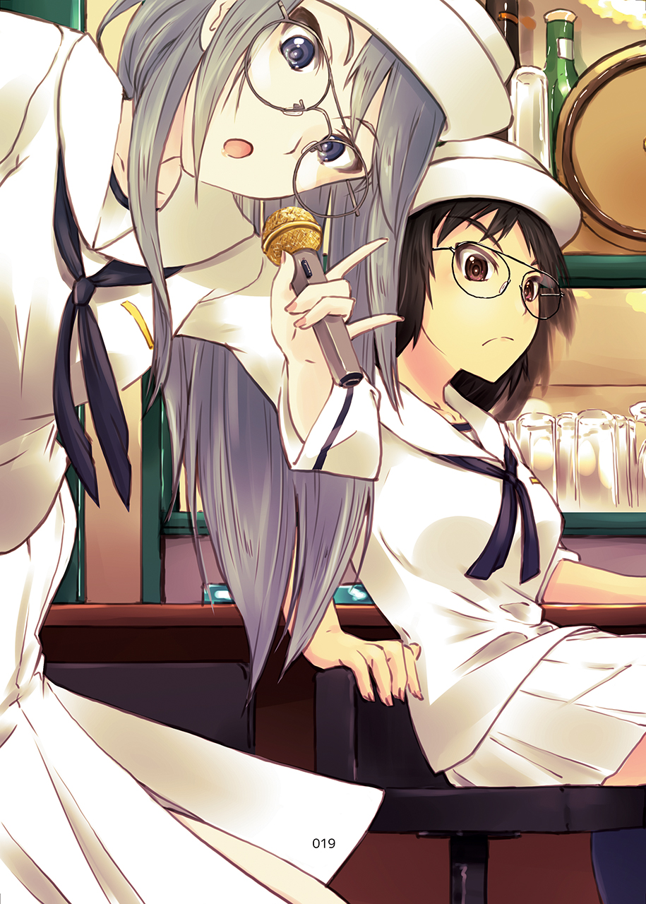 2girls \n/ arm_support bangs bar beer_keg bespectacled black-framed_eyewear black_eyes black_hair black_neckwear blouse bottle closed_mouth cup dixie_cup_hat drinking_glass elbow_rest eyebrows_visible_through_hair flint_(girls_und_panzer) frown girls_und_panzer glass glasses grey_eyes grey_hair hat highres holding holding_microphone indoors kaya_(nari1-24) leaning_back leaning_forward leaning_to_the_side long_hair long_skirt long_sleeves looking_at_viewer microphone military_hat miniskirt multiple_girls murakami_(girls_und_panzer) neckerchief ooarai_naval_school_uniform open_mouth pleated_skirt sailor sailor_collar school_uniform sitting skirt sleeves_rolled_up standing standing_on_one_leg stool tilted_headwear white_blouse white_headwear white_skirt