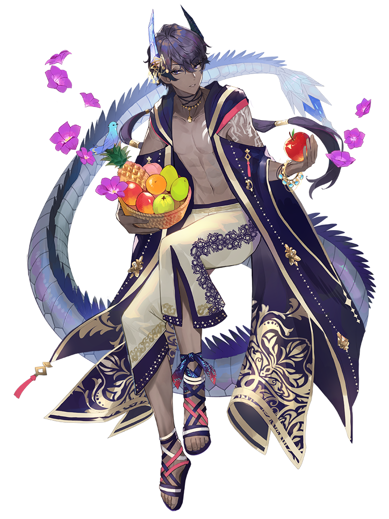 ame_tyaya apple arm_tattoo basket bird black_hair blue_bird bracelet dairoku_ryouhei dark-skinned_male dark_skin dragon_tail flower food fruit full_body holding holding_basket holding_food holding_fruit horns jakhar_armrif jewelry long_hair male_focus navel pear pineapple ponytail sandals short_hair tail tattoo transparent_background wide_sleeves