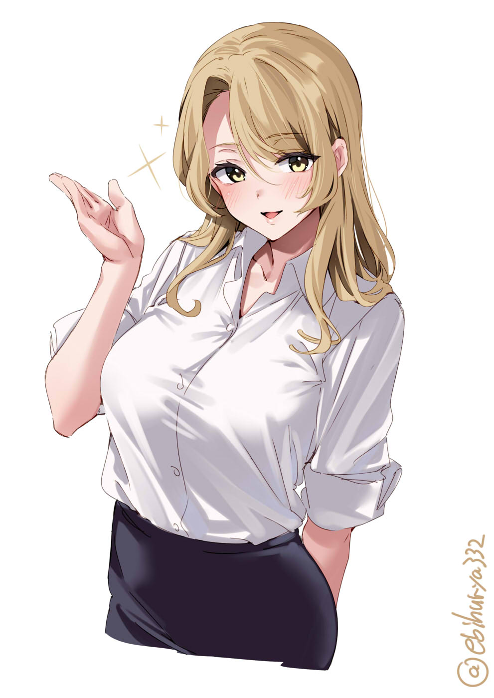 1girl black_skirt blush breasts collarbone collared_shirt cropped_torso dress_shirt ebifurya hair_between_eyes hand_up hashtag_only_commentary highres houston_(kancolle) kantai_collection large_breasts light_brown_hair long_hair looking_at_viewer one-hour_drawing_challenge open_mouth parted_bangs shirt shirt_tucked_in sidelocks simple_background skirt smile solo sparkle twitter_username white_background white_shirt yellow_eyes