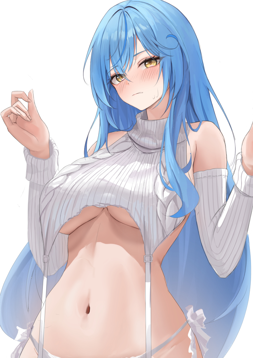 1girl bare_shoulders blue_hair blush breasts commentary detached_sleeves haro_art highres hololive large_breasts long_hair looking_at_viewer meme_attire navel panties ribbed_sleeves ribbed_sweater side-tie_panties simple_background sleeveless sleeveless_turtleneck solo stomach sweater turtleneck turtleneck_sweater underboob underwear upper_body very_long_hair virgin_destroyer_sweater virtual_youtuber white_background white_panties white_sleeves yellow_eyes yukihana_lamy