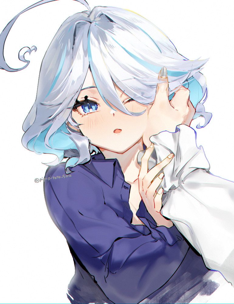 1boy 1girl ahoge artist_name blue_eyes blue_hair blue_shirt blush breasts cleavage collarbone fingernails furina_(genshin_impact) genshin_impact hair_between_eyes hand_on_another's_cheek hand_on_another's_face light_blue_hair long_sleeves multicolored_hair neuvillette_(genshin_impact) one_eye_closed open_mouth out_of_frame partially_unbuttoned pipipitoto_sou shirt sidelocks simple_background solo_focus streaked_hair two-tone_hair upper_body white_background white_hair white_shirt