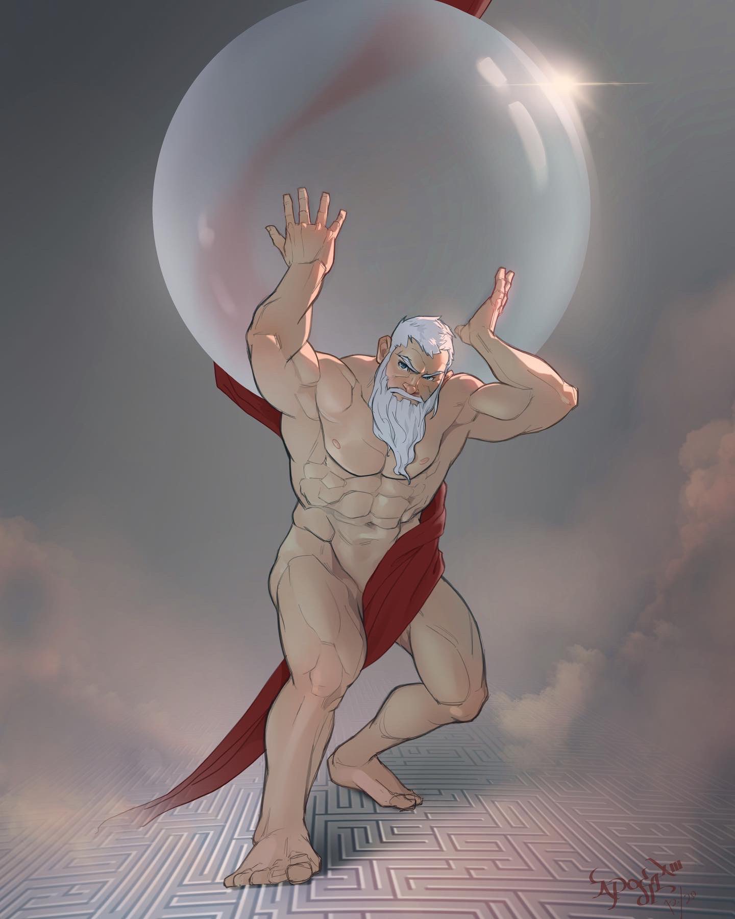 1boy abs apostlxiii atlas_(greek_mythology) bara beard carrying_over_shoulder christmas covering_privates crystal_ball facial_hair fine_art_parody full_beard full_body greek_mythology highres large_pectorals long_beard male_focus mature_male muscular muscular_male nipples nude_cover old old_man original oversized_object parody pectorals santa_claus shaved_body short_hair solo strong thick_beard thick_eyebrows thighs