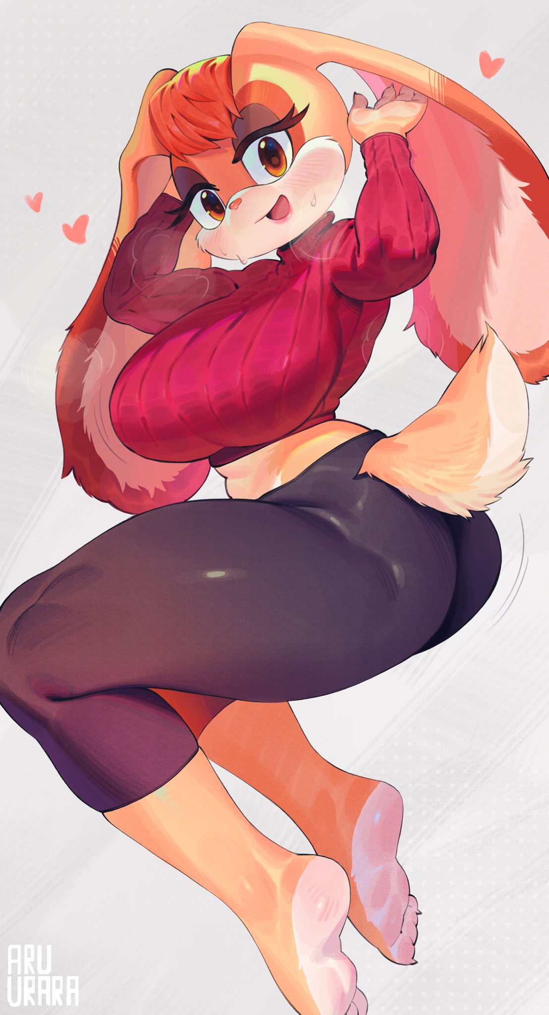 &lt;3 2023 4_fingers 4_toes abstract_background anthro aruurara barefoot big_breasts black_bottomwear black_clothing black_pants blush blush_lines bodily_fluids bottomwear breasts breath brown_body brown_eyes brown_fur butt clothing exercise feet female fingers floppy_ears fur furgonomics hi_res kemono lagomorph leporid looking_at_viewer looking_back looking_back_at_viewer mammal multicolored_body multicolored_fur pants rabbit red_clothing red_sweater red_topwear scut_tail sega short_tail smile soles solo sonic_the_hedgehog_(series) sweat sweater tail thick_thighs toes topwear turtleneck vanilla_the_rabbit white_body white_fur