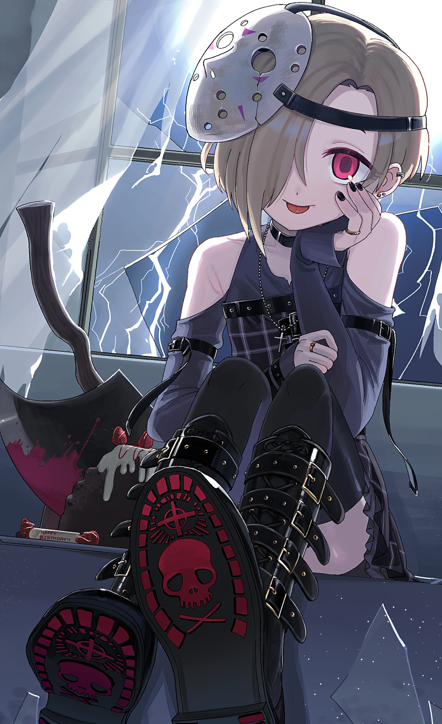 1girl :p axe bare_shoulders belt_boots black_choker black_nails black_skirt black_thighhighs blonde_hair blood_on_axe boots broken_window cake choker clothing_cutout cross cross_necklace curtains flat_chest food full_moon hair_over_one_eye happy_birthday highres hockey_mask idolmaster idolmaster_cinderella_girls jewelry looking_at_viewer lvetica mask mask_on_head moon necklace night pink_eyes ring shirasaka_koume shirt shoe_soles short_hair shoulder_cutout sitting skirt skull_print sleeves_past_wrists smile solo thighhighs tongue tongue_out window