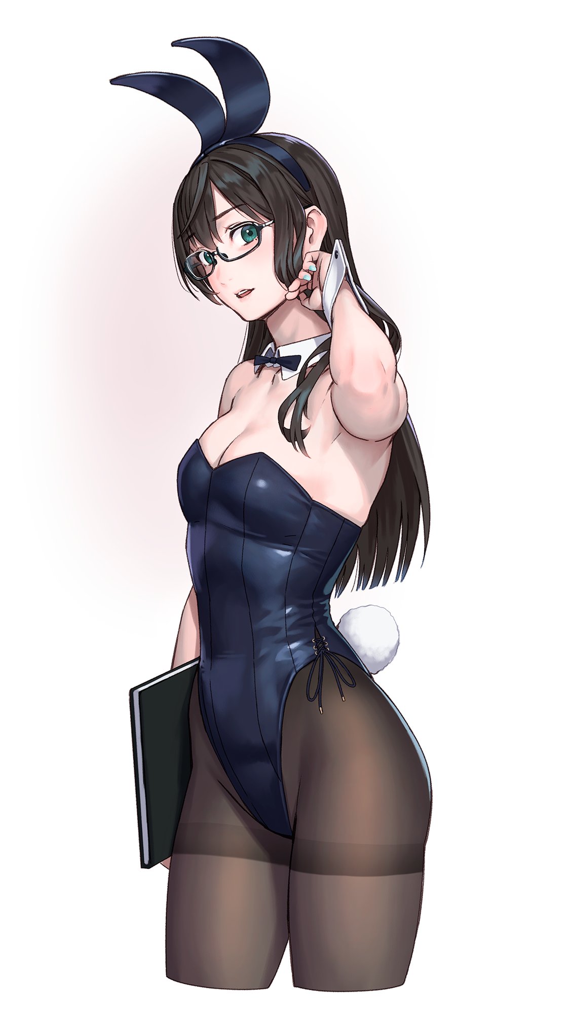 1girl alternate_costume animal_ears black-framed_eyewear black_hair black_leotard black_pantyhose blush bow bowtie breasts commentary_request cowboy_shot cropped_legs detached_collar fake_animal_ears fake_tail glasses green_eyes hairband highleg highres kantai_collection leotard long_hair looking_at_viewer ooyodo_(kancolle) open_mouth pantyhose playboy_bunny rabbit_ears rabbit_tail semi-rimless_eyewear simple_background small_breasts smile solo standing strapless strapless_leotard tail under-rim_eyewear wrist_cuffs yuuji_(and)