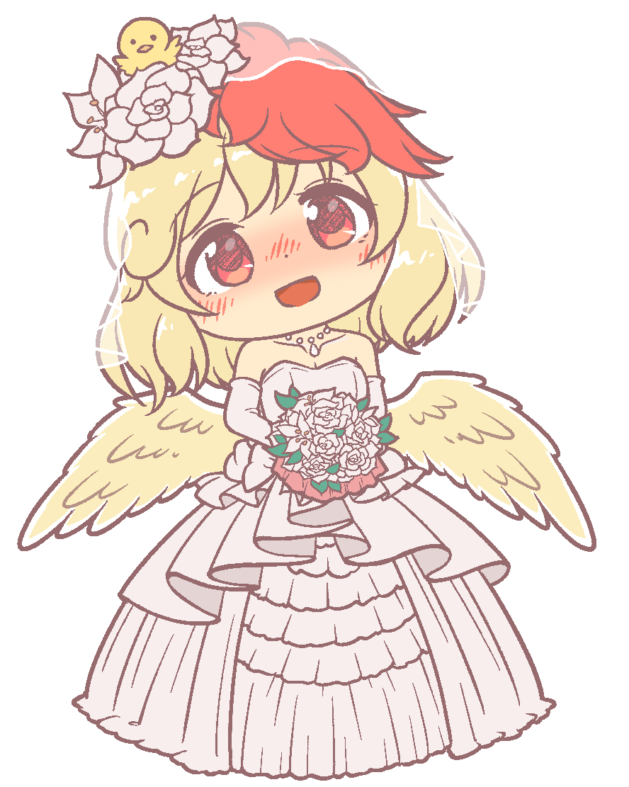 1girl animal_on_head bird bird_on_head bird_wings blonde_hair blush bouquet bridal_veil chick drawfag dress elbow_gloves feathered_wings flower gloves gyate_gyate hair_flower hair_ornament holding holding_bouquet jewelry long_hair multicolored_hair necklace niwatari_kutaka on_head open_mouth red_hair simple_background solo strapless strapless_dress touhou two-tone_hair veil wedding_dress white_background white_dress white_flower white_gloves wings yellow_wings