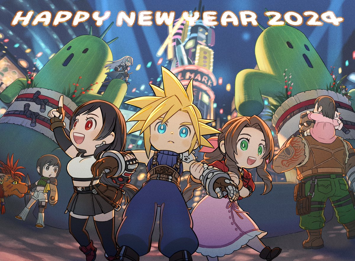 2024 4boys 4girls aerith_gainsborough arm_tattoo barret_wallace cloud_strife cropped_jacket dark-skinned_male dark_skin dress final_fantasy final_fantasy_vii final_fantasy_vii_remake fumio_minagawa happy_new_year jacket marlene_wallace multiple_boys multiple_girls night official_art pink_dress pointing red_jacket red_xiii sabotender sephiroth skirt smile spiked_hair sunglasses suspenders tattoo teeth thighhighs tifa_lockhart upper_teeth_only yuffie_kisaragi