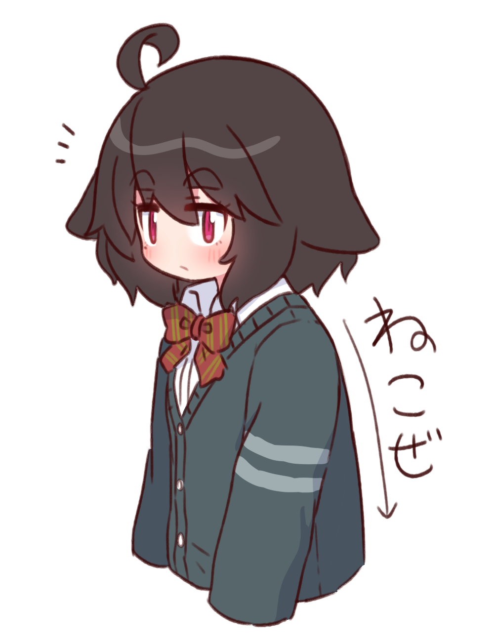 1girl ahoge arrow_(symbol) black_hair blush bow closed_mouth collared_shirt cropped_torso diagonal-striped_bow diagonal_stripes dress_shirt grey_jacket hair_between_eyes highres jacket naga_u naga_u-chan notice_lines original red_bow red_eyes shirt short_eyebrows simple_background solo striped thick_eyebrows translated upper_body white_background white_shirt
