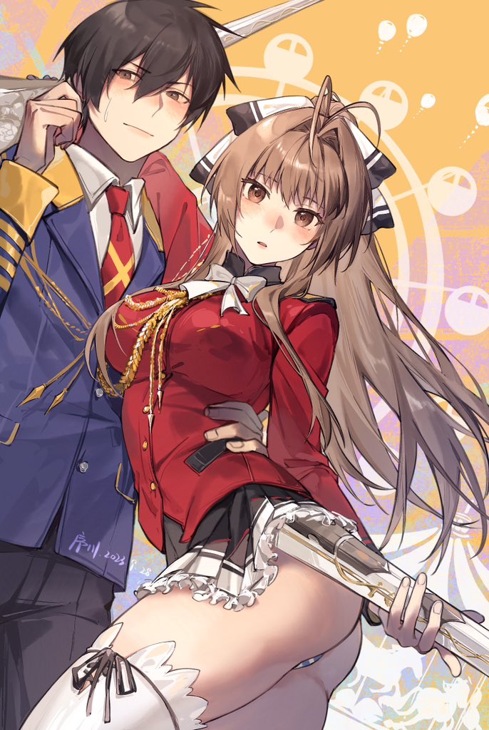 1boy 1girl aiguillette amagi_brilliant_park arm_around_neck artist_name ass black_ribbon blue_jacket blush bow breasts brown_eyes brown_hair colored_skin cowboy_shot dated embarrassed frilled_skirt frills gun hair_ribbon hand_on_another's_hip hand_up holding holding_gun holding_weapon jacket jyukawa kanie_seiya large_breasts long_hair long_sleeves looking_to_the_side military military_uniform miniskirt multicolored_background necktie pants parted_lips ponytail red_necktie red_uniform ribbon sento_isuzu skirt sweatdrop thighhighs thighs two-tone_ribbon underwear uniform weapon white_bow white_ribbon white_skin white_thighhighs