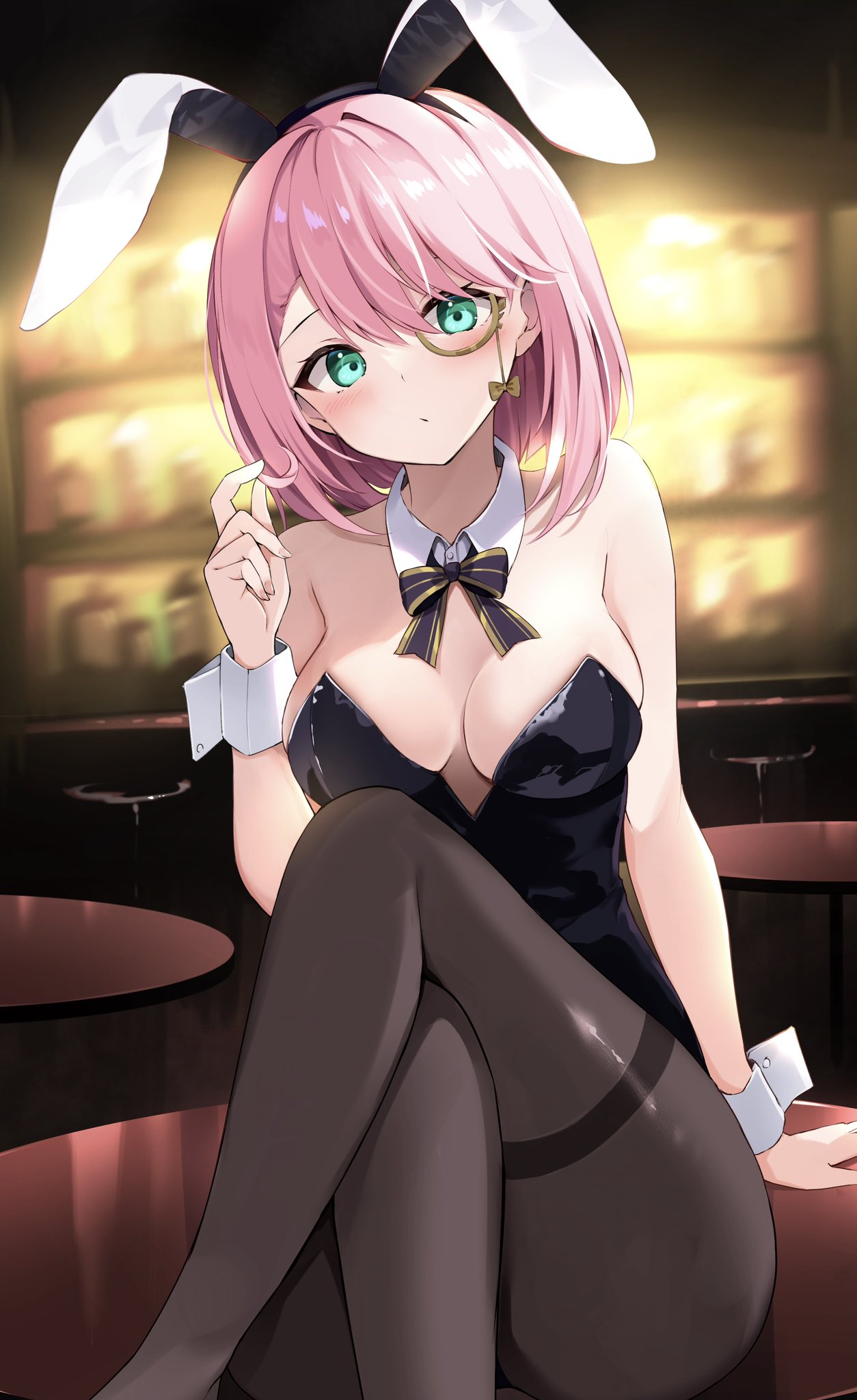1girl animal_ears bare_arms bare_shoulders black_bow black_bowtie black_leotard black_pantyhose blush bow bowtie breasts charlotte_(genshin_impact) cleavage commentary_request crossed_legs detached_collar fake_animal_ears feet_out_of_frame genshin_impact green_eyes highres hyurasan knee_up leotard looking_at_viewer medium_breasts medium_hair pantyhose pink_hair playboy_bunny rabbit_ears sitting solo strapless strapless_leotard thighband_pantyhose wrist_cuffs
