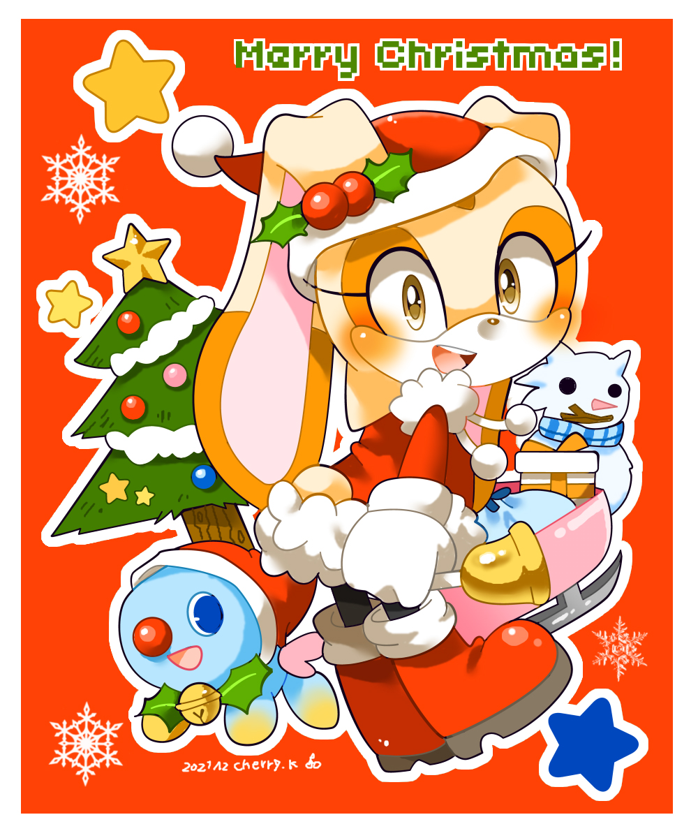 1girl animal_ears blue_eyes brown_eyes cheese_(sonic) christmas_tree cream_the_rabbit eyelashes furry furry_female gift gloves highres kusunoki_cherry looking_at_viewer merry_christmas rabbit_ears rabbit_girl rabbit_tail red_background red_footwear santa_costume smile snowman sonic_(series) star_(symbol) tail white_gloves