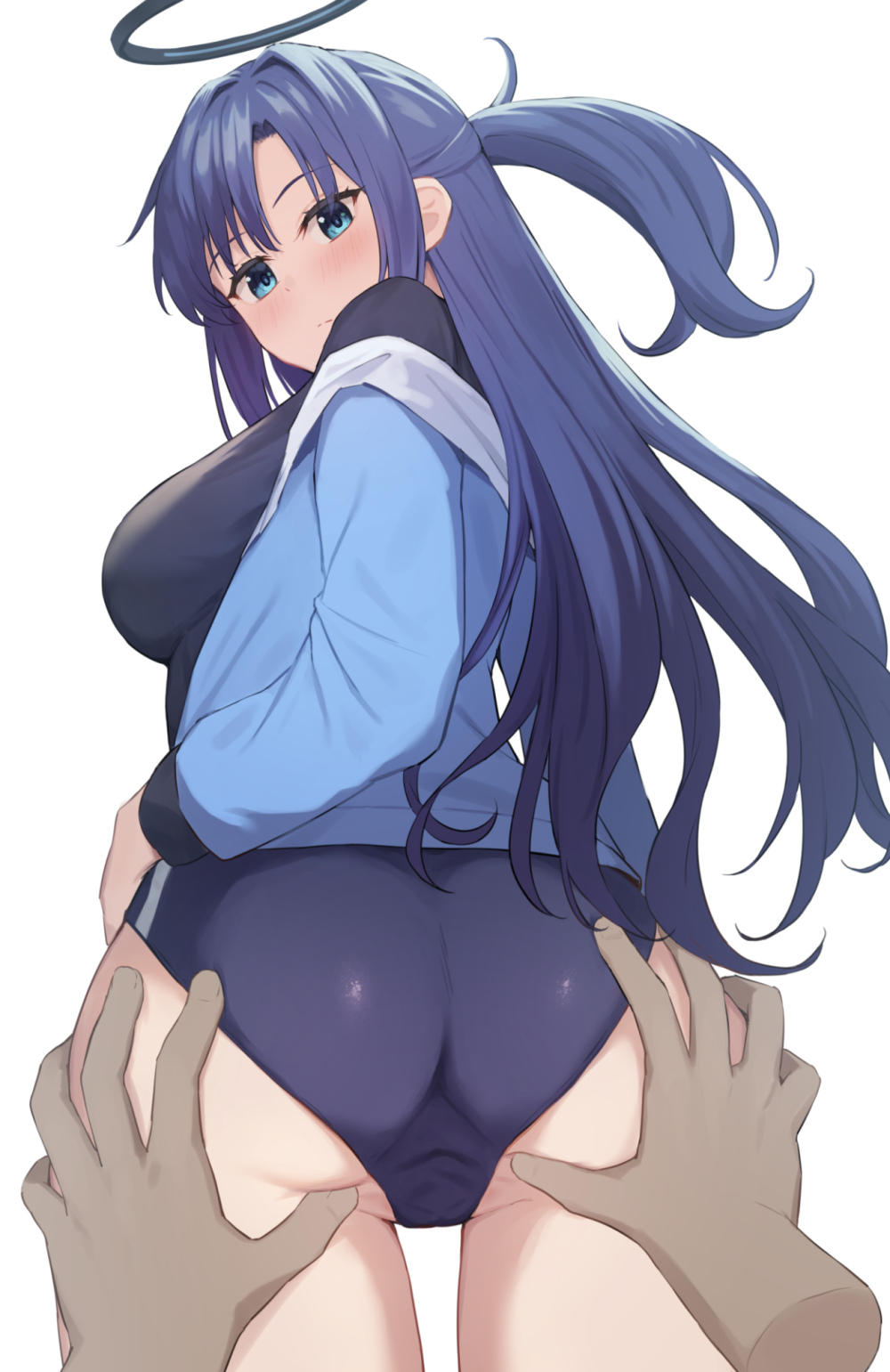 1boy 1girl ass ass_grab black_shirt blue_archive blue_buruma blue_jacket blush breasts buruma from_behind grabbing_another's_ass groping half_updo halo hetero highres jacket kurowan long_hair long_sleeves looking_at_viewer looking_back medium_breasts parted_bangs ponytail purple_eyes purple_hair pussy shirt sidelocks simple_background solo_focus spread_pussy spread_pussy_under_clothes standing star_sticker sticker_on_face thighs track_jacket yuuka_(blue_archive) yuuka_(track)_(blue_archive)