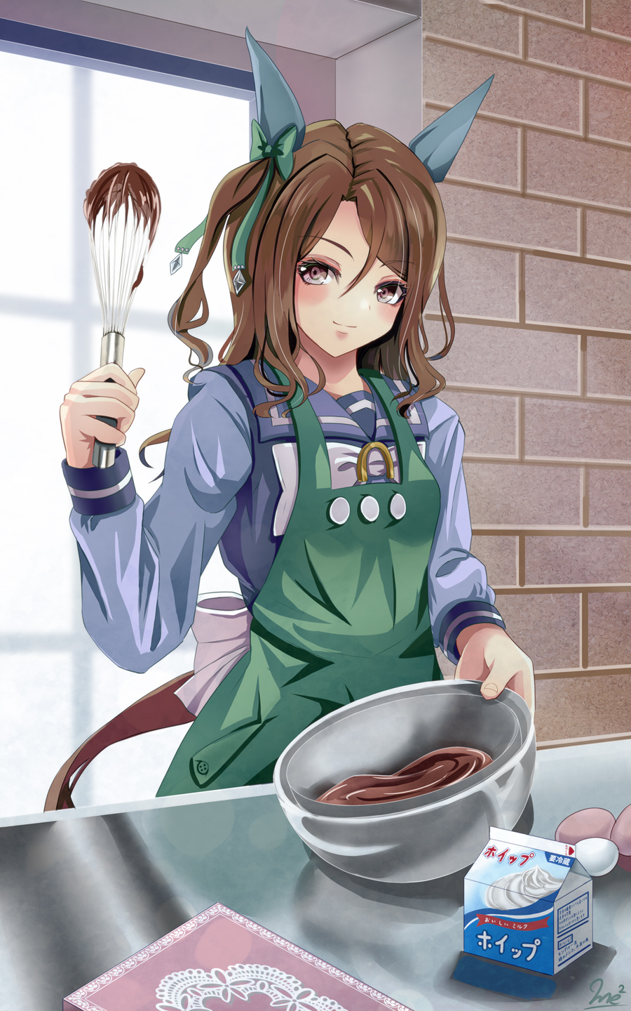 1girl animal_ears apron blue_shirt bow bowl brick_wall brown_eyes brown_hair chocolate closed_mouth commentary_request day ear_bow egg green_apron green_bow hair_between_eyes highres holding holding_bowl horse_ears horse_girl horse_tail indoors king_halo_(umamusume) long_hair long_sleeves looking_at_viewer mixing_bowl one_side_up puffy_long_sleeves puffy_sleeves school_uniform shirt signature smile solo sunlight tail tracen_school_uniform umamusume whisk white_bow window yumibakama_meme
