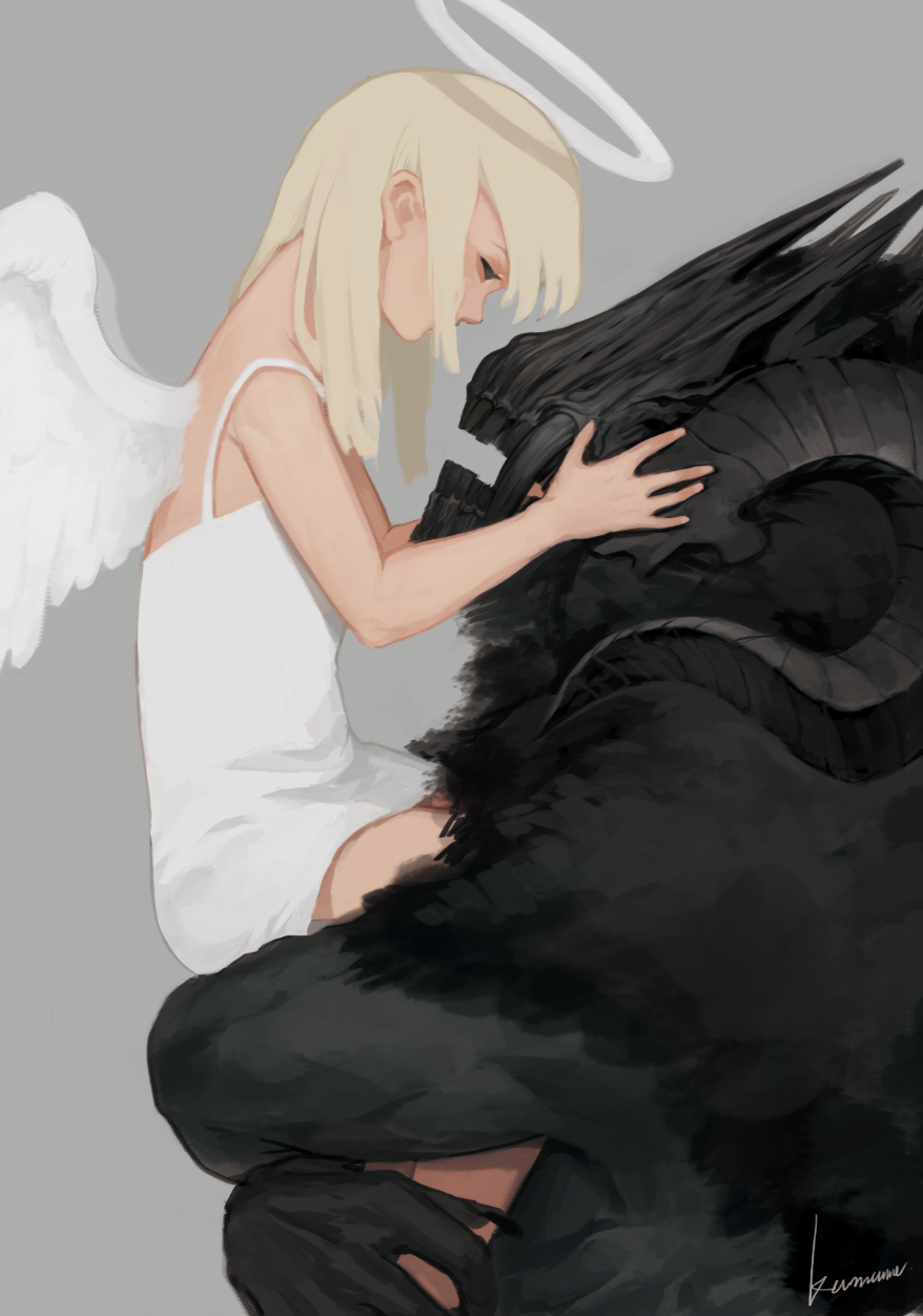 1boy 1girl angel angel_wings bare_arms bare_shoulders black_fur black_nails black_sclera black_skin blank_eyes blonde_hair carrying child_carry colored_sclera colored_skin commentary contrast covered_mouth curled_horns demon_horns dress face-to-face facing_another from_side grey_background halo hand_on_another's_face hands_up height_difference highres horns kaname_(emanalc) long_hair monster_boy open_mouth original profile simple_background sleeveless sleeveless_dress white_dress white_wings wings