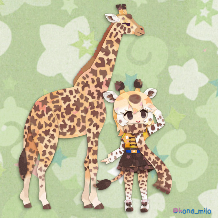 1girl animal animal_ears belt black_eyes blonde_hair extra_ears full_body giraffe giraffe_ears giraffe_girl giraffe_horns giraffe_print giraffe_tail green_background horns japari_symbol kemono_friends kikuchi_milo long_hair masai_giraffe_(kemono_friends) scarf shirt shoes simple_background skirt star_(symbol) tail thighhighs