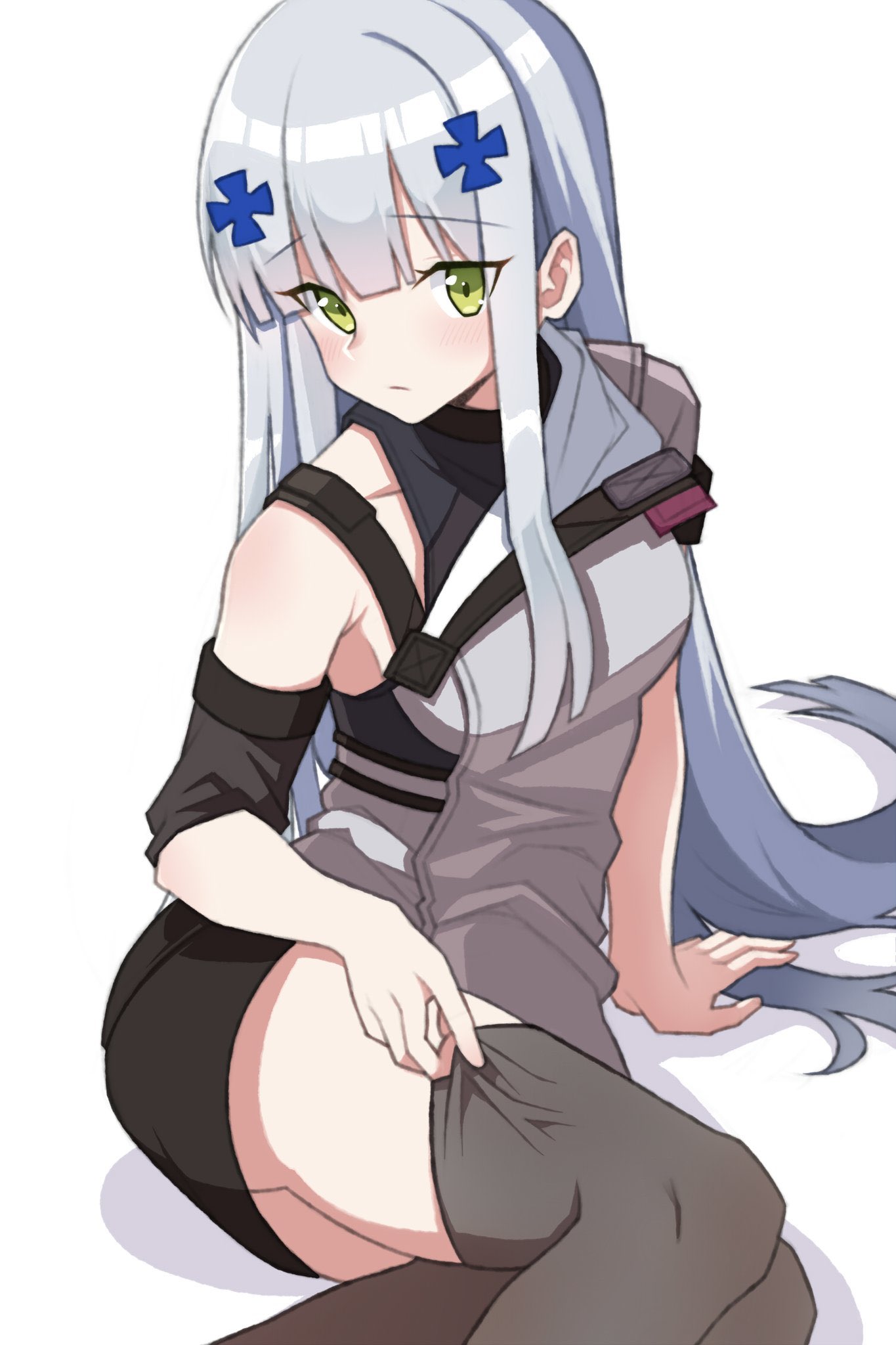 1girl alternate_costume black_thighhighs blush cross_hair_ornament girls'_frontline girls'_frontline_2:_exilium green_eyes grey_hair hair_ornament highres hk416_(girls'_frontline) jjuwaap long_hair looking_at_viewer sitting solo thighhighs thighhighs_pull uniform white_background