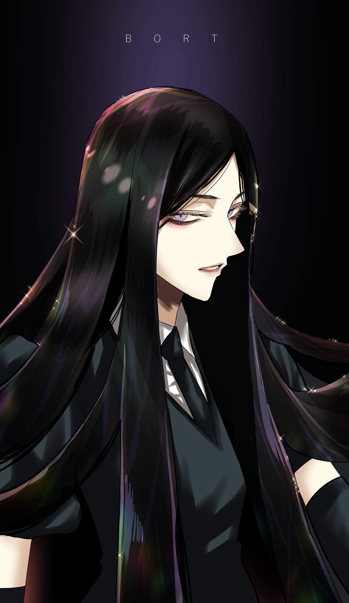 1other aegyo_sal black_gloves black_hair black_necktie bort character_name collared_shirt elbow_gloves gloves highres hoshi_san_3 houseki_no_kuni long_hair looking_at_viewer necktie parted_lips puffy_sleeves purple_eyes shirt sidelocks solo sparkle upper_body white_shirt