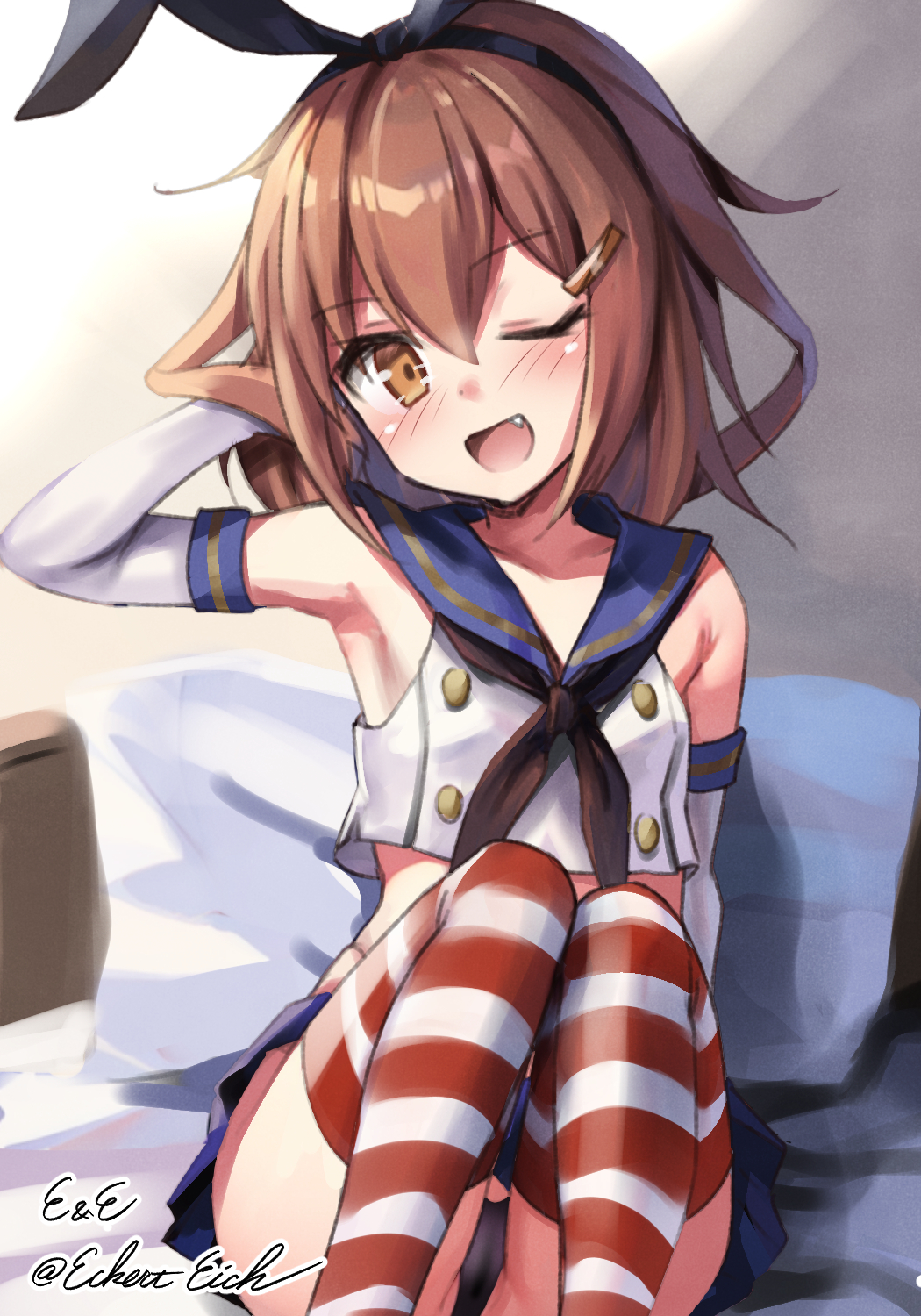 1girl artist_name black_hairband black_neckerchief black_panties blue_sailor_collar blue_skirt brown_eyes brown_hair cosplay crop_top eckert&amp;eich elbow_gloves fang feet_out_of_frame gloves hair_ornament hairband hairclip highleg highleg_panties highres ikazuchi_(kancolle) kantai_collection looking_at_viewer microskirt miniskirt neckerchief one-hour_drawing_challenge one_eye_closed open_mouth panties pillow pleated_skirt sailor_collar shimakaze_(kancolle) shimakaze_(kancolle)_(cosplay) shirt short_hair sitting skirt sleeveless sleeveless_shirt smile solo striped_clothes striped_thighhighs thighhighs twitter_username underwear white_gloves