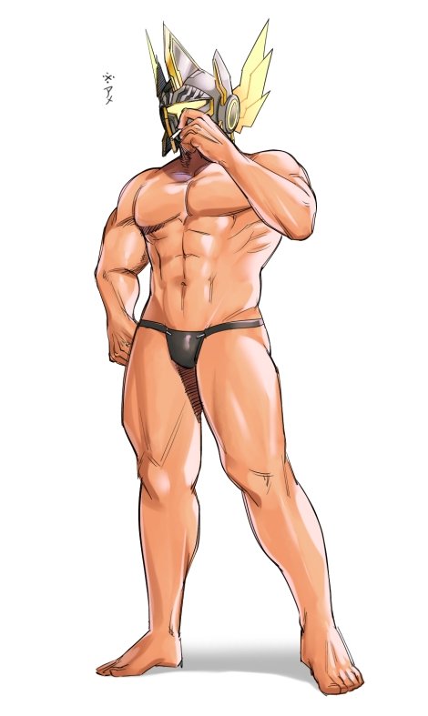 1boy abs avatar_(pso2) bara black_male_underwear cigarette full_body hakidashi_11 helmet holding holding_cigarette large_pectorals male_focus male_underwear muscular muscular_male navel pectorals phantasy_star phantasy_star_online_2 simple_background solo topless_male translation_request underwear underwear_only white_background winged_helmet